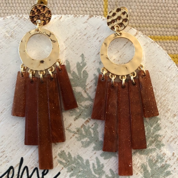 Handmade Gold Hammered and Sparkling Amber Drop Earrings - Picture 1 of 2